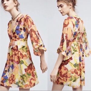 Anthropologie Maeve Deloria V Neck Silk Dress 0 Petite